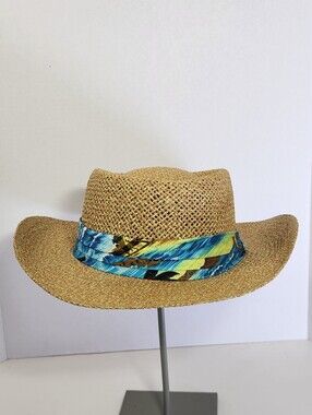Jacobson Hat Men's Panama Straw Wide Brim Floral Band Beige/Blue Size M/L